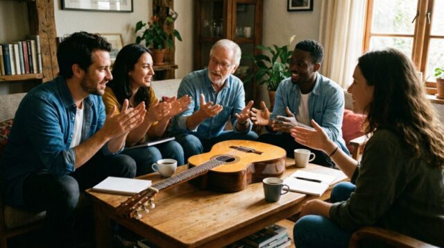 クラシックギターの周りで議論をする人々の画像