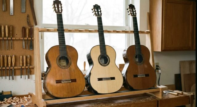 伝統的な構造のクラシックギターと新構造のクラシックギターの画像