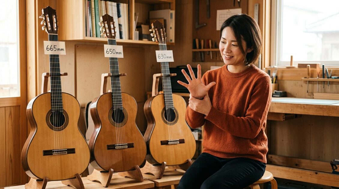 弦長が異なるギターと手の大きさを確認している女性の画像