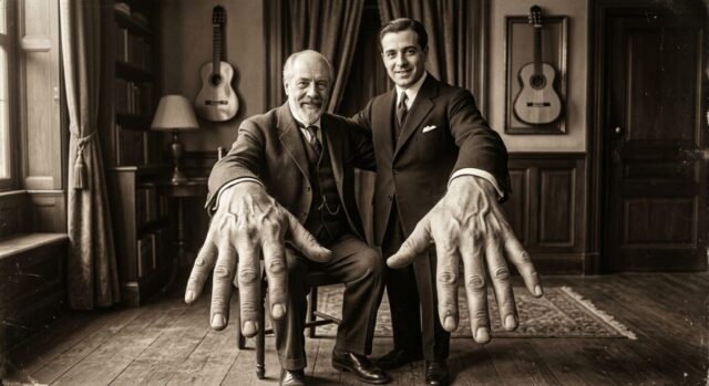 大きな手をこちらに見せつけるギタリストの画像