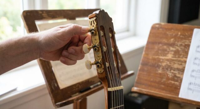 クラシックギターの糸巻きを回す画像