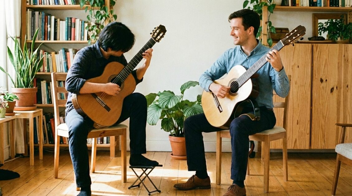 クラシックギターを足台を使って演奏する人と支持具を使って演奏する人の画像