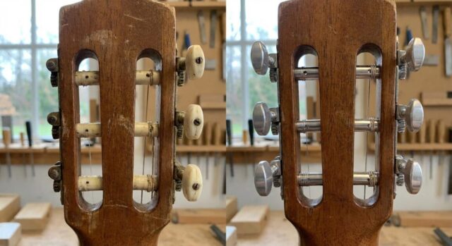 プラスチック製ポストの糸巻きと金属製ポストの糸巻きのクラシックギター