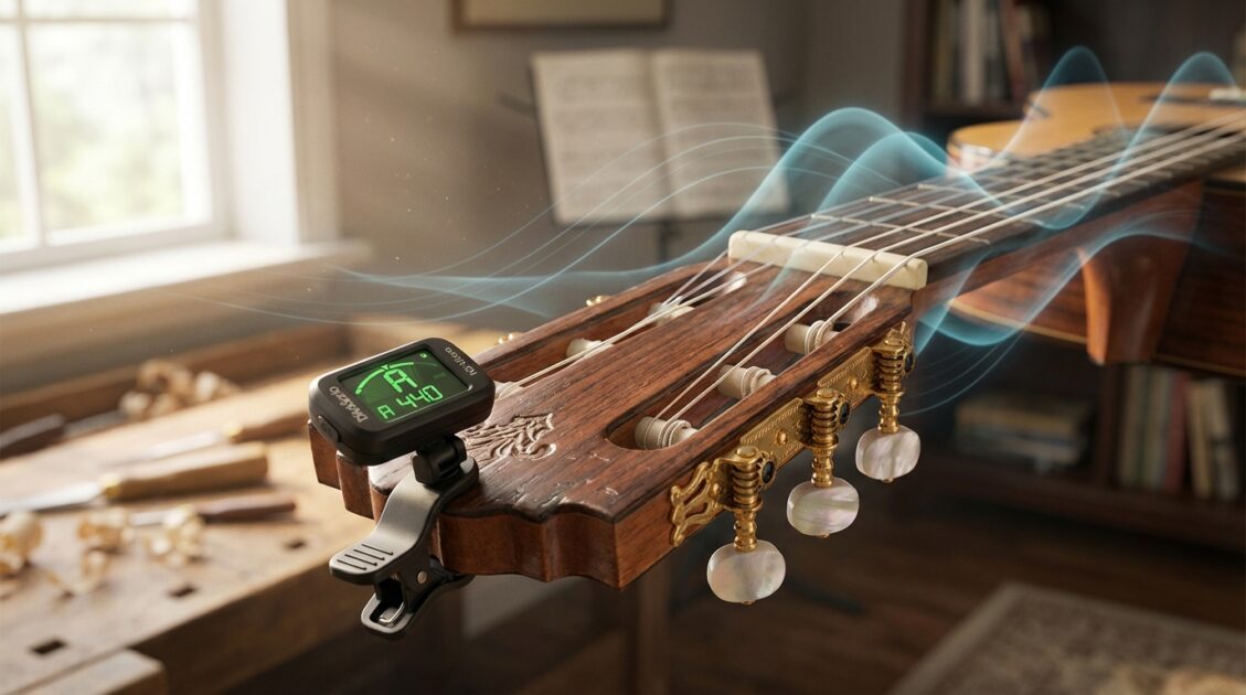 クラシックギターにクリップチューナーを取り付けた画像