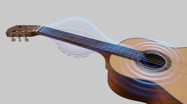 図：ネックの曲げ振動（ネックベンディングモード）とボディの共鳴の連動性のイメージ