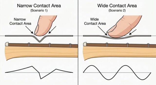 弦と爪や指が接する面積で変わる弦の振動の図