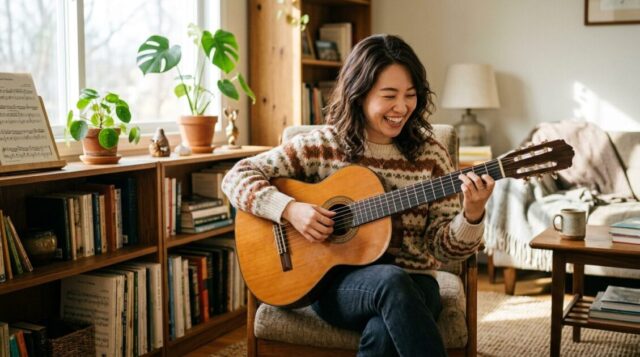 楽しそうにクラシックギターを弾く人の画像
