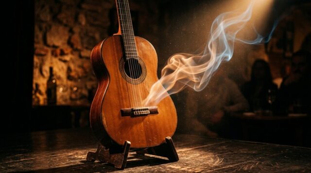 ギターから魔力のようなエネルギーが出ている画像