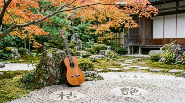 日本の庭園にギターと音色表現が描かれている画像