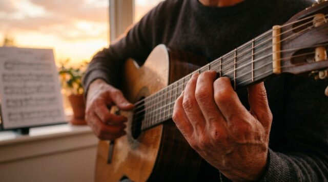 穏やかにギターを弾く画像