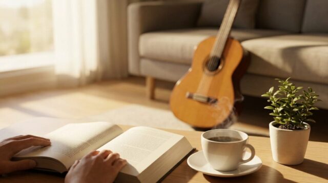 ギターとともに穏やかな生活を送る画像