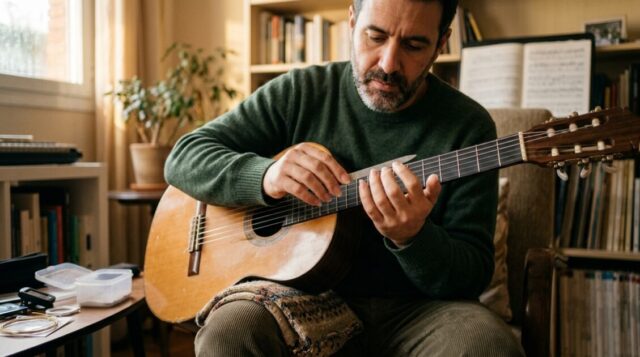 クラシックギター演奏のために爪を削っている人の画像