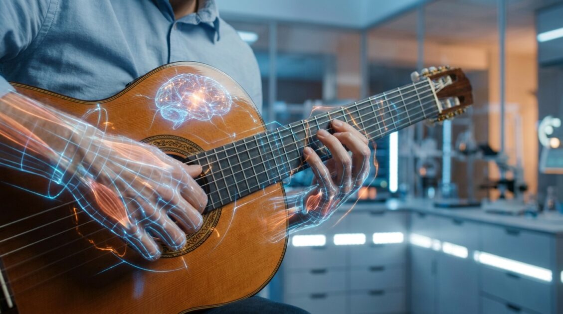 クラシックギターを速弾きする手と脳のイメージ